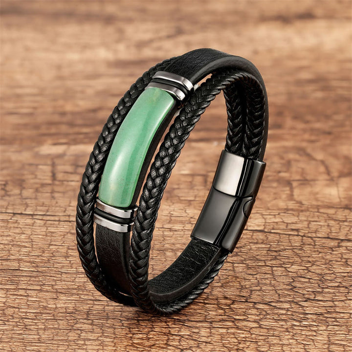 Buddha Stones Natural Stone Green Agate Power Multilayered Braided Leather Bracelet - Green Aventurine - 23cm - image 2