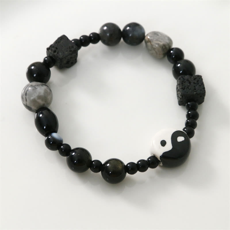 Buddha Stones Black Onyx Picasso Jasper Bead Yin Yang Fortune Protection Bracelet - image 9