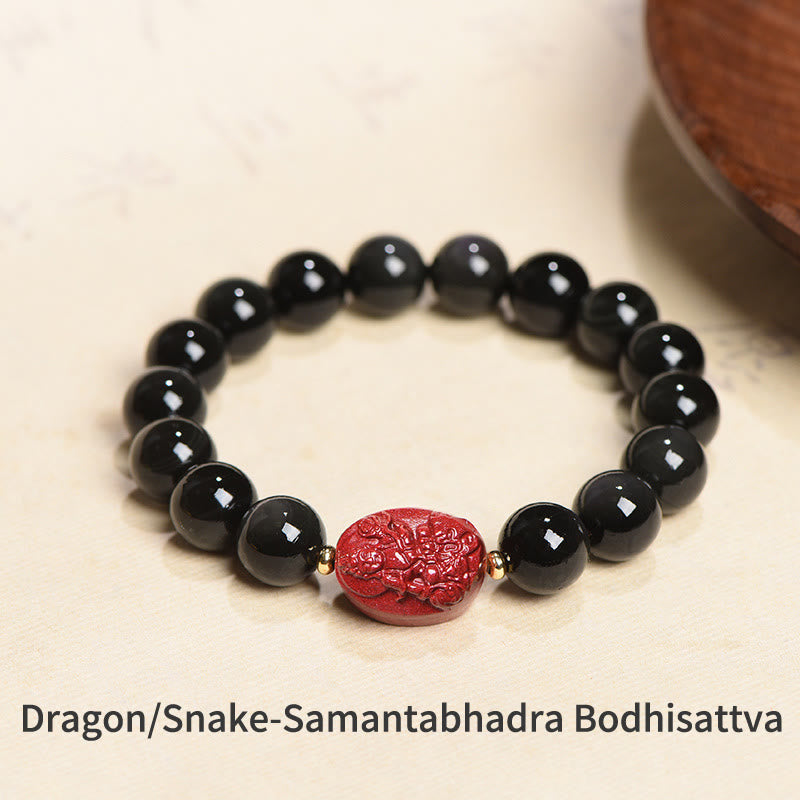 Buddha Stones Chinese Zodiac Natal Buddha Natural Black Obsidian Cinnabar Purification Bracelet - 10mm - Dragon/Snake-Samantabhadra Bodhisattva(Wrist Circumference 14-17cm) - image 12
