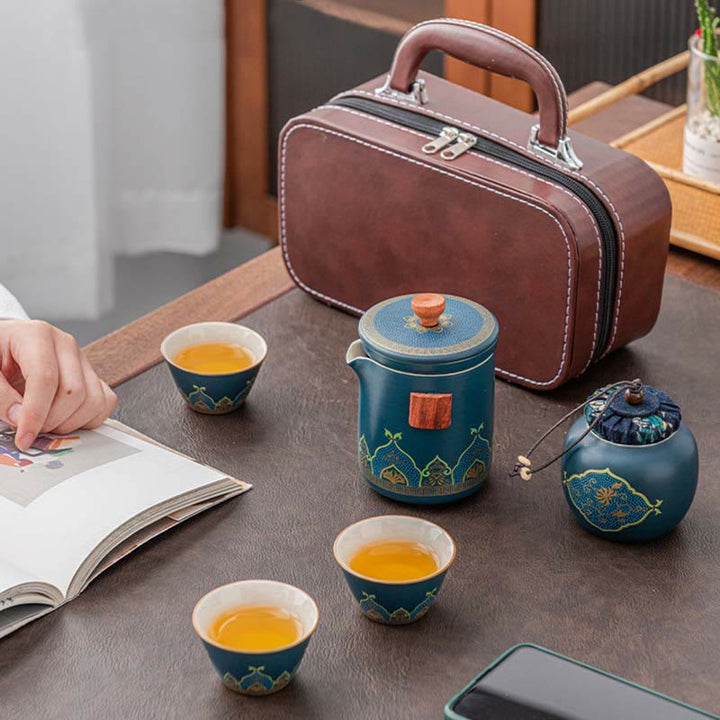Buddha Stones Flower Chinese Gongfu Ceramic Teapot Portable Outdoor Travel Tea Set Bag - image 14