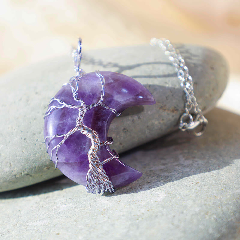 Buddha Stones Natural Quartz Crystal Moon Tree Of Life Healing Energy Necklace Pendant - image 2