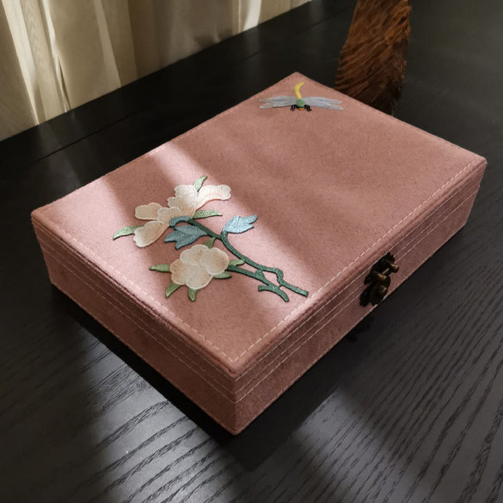Buddha Stones Flowers Dragonfly Jewelry Box Organizer Single Layer Jewelry Storage Box Flannel Box - Pink 28cm*19cm*6.5cm - image 11
