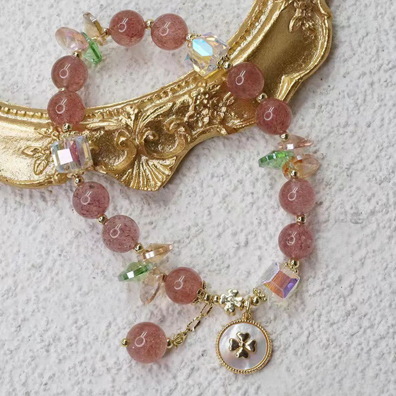 Buddha Stones Strawberry Quartz Lucky Four Leaf Clover Healing Charm Bracelet - image 10