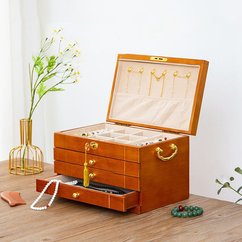 Buddha Stones Retro Solid Wood Jewelry Box Four-Layer Wooden Jewelry Storage Box - image 15