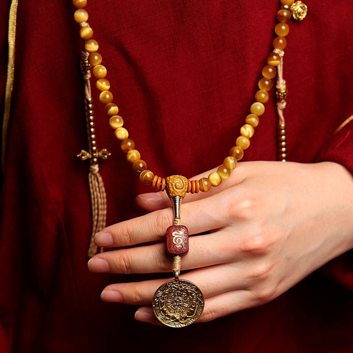 Buddha Stones 108 Mala Beads Natural Tiger Eye Copper Dorje Protection Tassel Bracelet - image 20