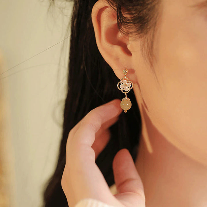 Buddha Stones Tridacna Stone Flower Jade Bead Blessing Drop Earrings - image 8