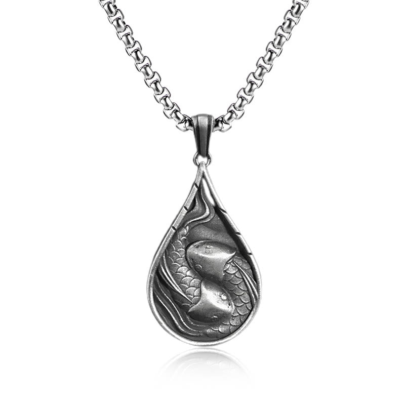Buddha Stones Double Lucky Koi Fish Prosperity Pure Tin Water Drop Pattern Necklace Pendant - Koi Fish Pendant&Common Chain - image 2