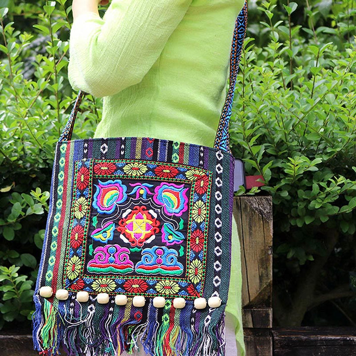 Buddha Stones Tibetan Handmade Embroidered Camellia Canvas Shoulder Bag Crossbody Bag - image 3