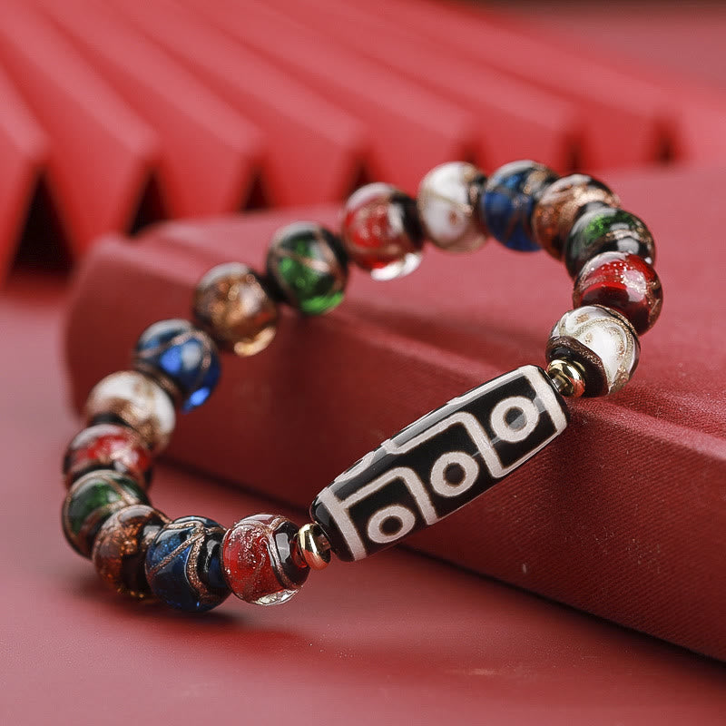 Buddha Stones Tibetan Nine-Eye Dzi Bead Three-eyed Dzi Bead Liuli Glass Bead Wealth Bracelet - Long Nine-Eye Dzi Bead - Multicolored Liuli Glass Bead - 14mm - image 8