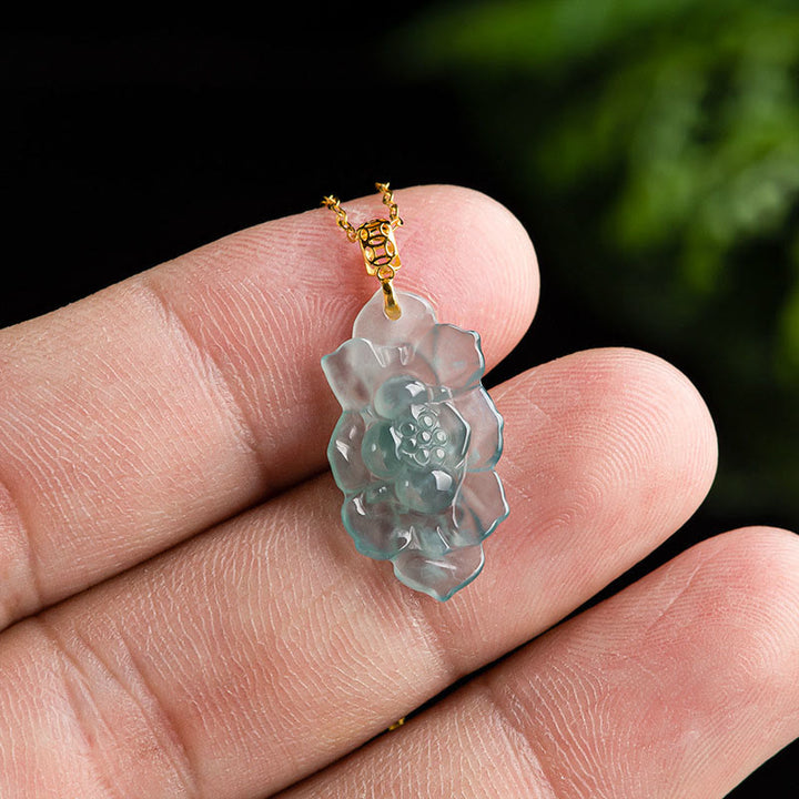 Buddha Stones 18K Gold Natural Jade Lotus Pattern Prosperity Necklace Pendant - image 2
