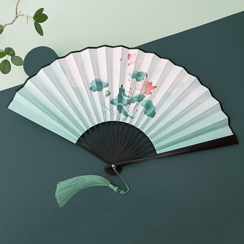 Buddha Stones Retro Lotus Flower Leaf Mountain Lake Handheld Folding Fan With Bamboo Frames - Lotus Flower Leaf - Black Bamboo Frames - image 9