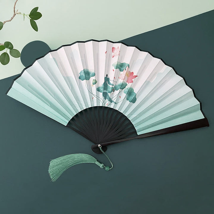 Buddha Stones Retro Lotus Flower Leaf Mountain Lake Handheld Folding Fan With Bamboo Frames - Lotus Flower Leaf - Black Bamboo Frames - image 9