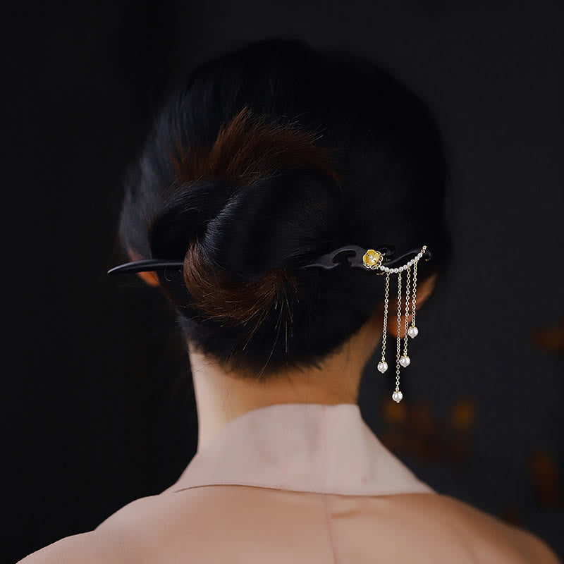 Buddha Stones Ebony Wood Yellow Flower Pearl Tassels Hairpin - image 3
