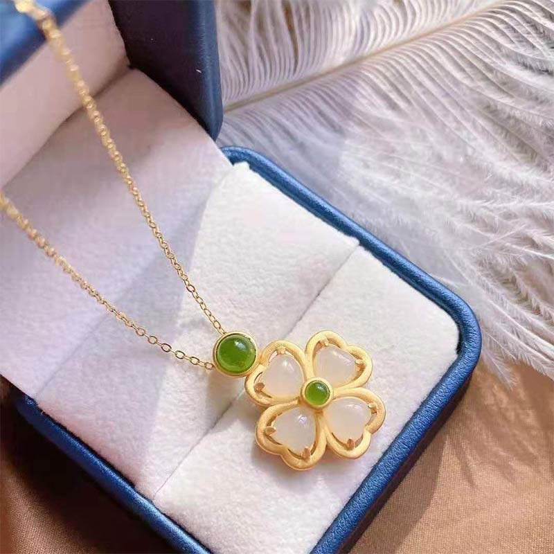 Buddha Stones 925 Sterling Silver Lucky Four Leaf Clover Jade Prosperity Necklace Chain Pendant - image 1