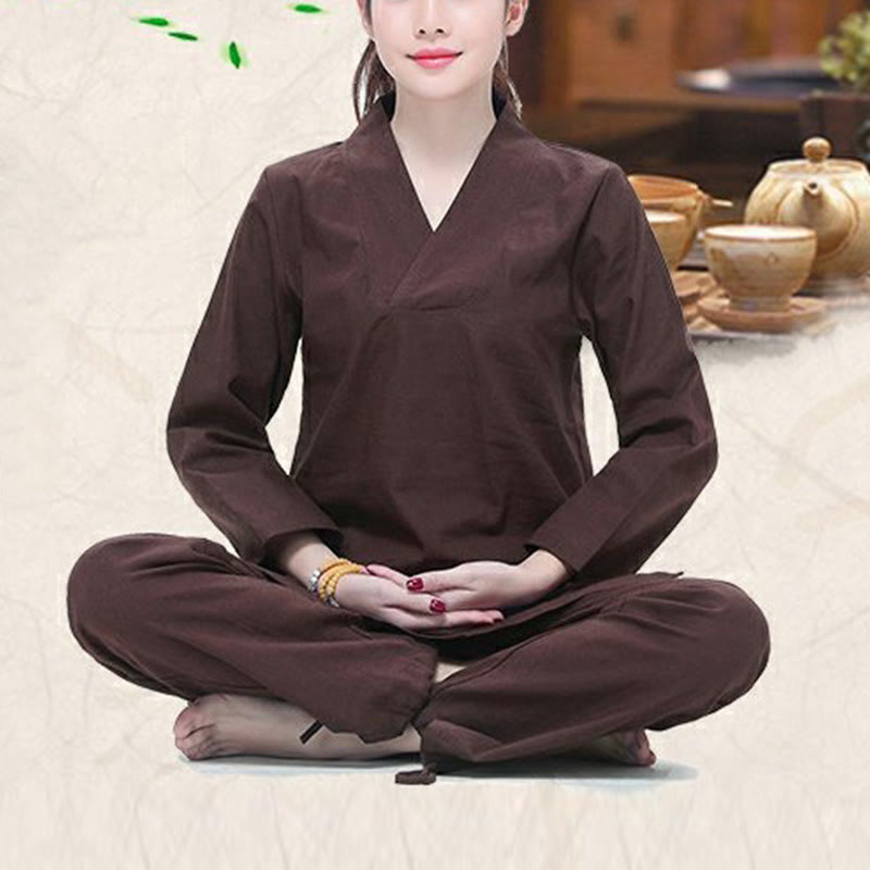 Buddha Stones Zen Practice Yoga Meditation Prayer V-neck Design Uniform Cotton Linen Clothing Women's Set - image 14