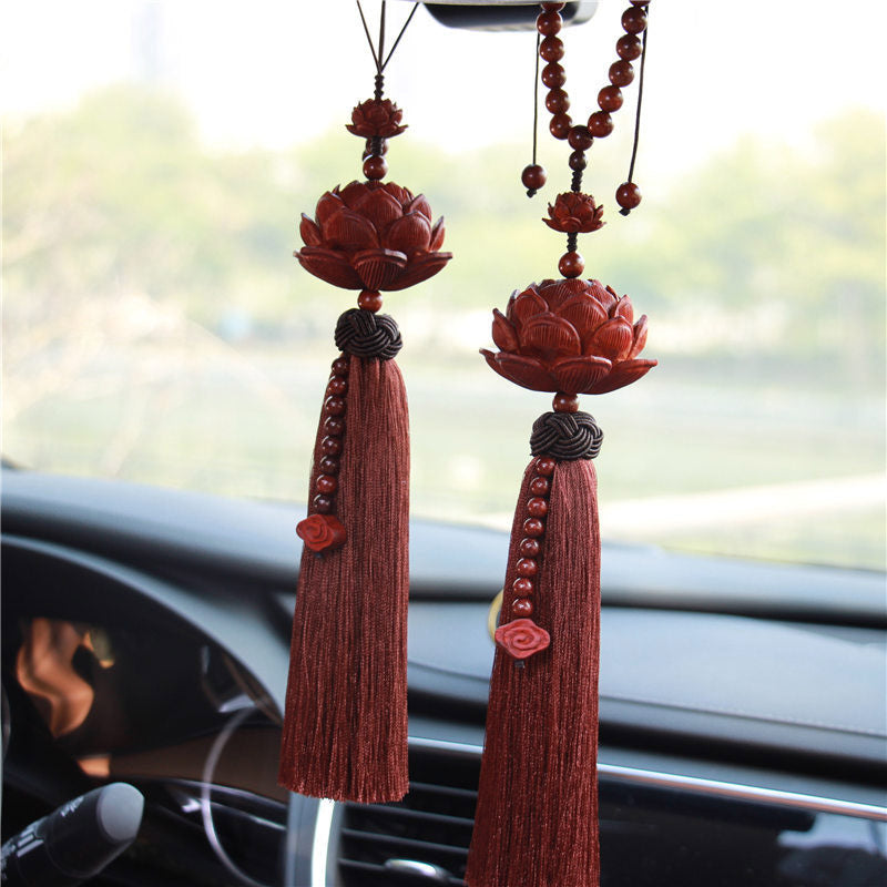 Buddha Stones Tibetan Small Leaf Red Sandalwood Lotus Luck Protection Tassel Decoration - image 0
