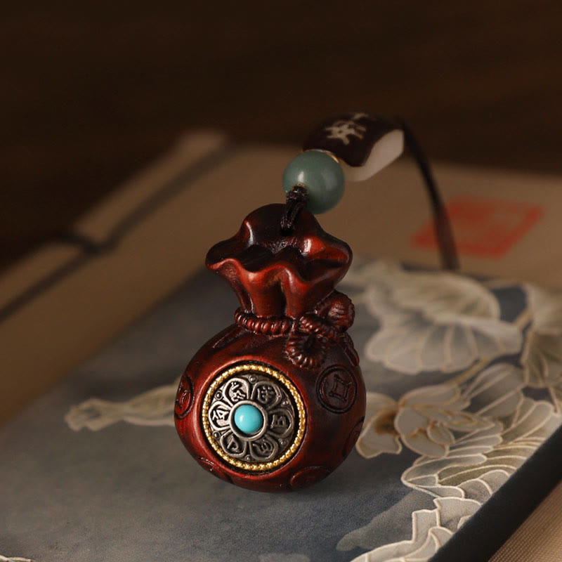 Buddha Stones Small Leaf Red Sandalwood Green Sandalwood Money Bag Om Mani Padme Hum Rotatable Protection Keychain Phone Hanging Decoration - image 6