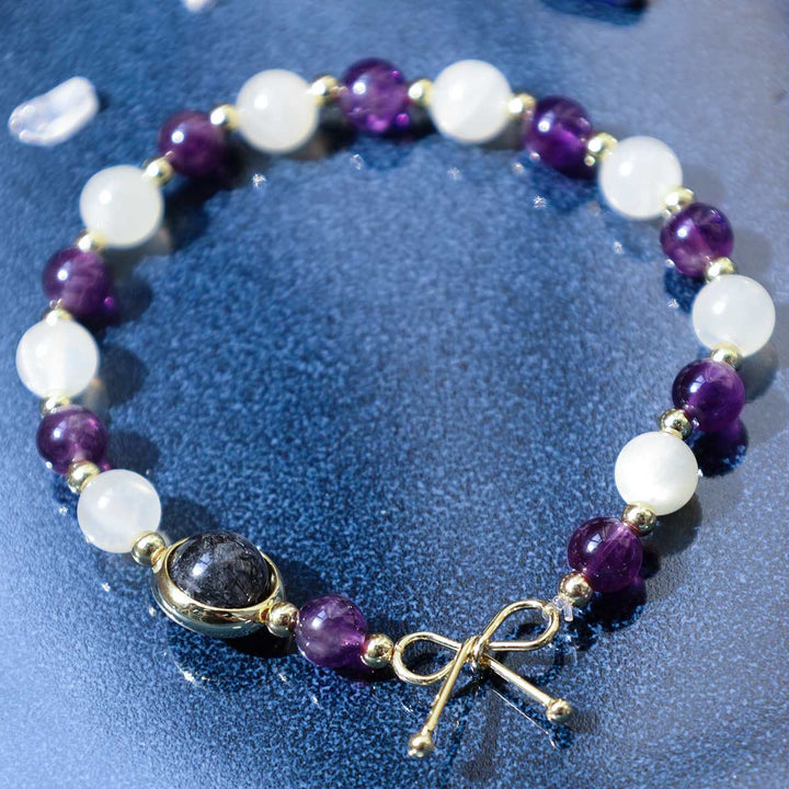 Buddha Stones Amethyst Cat Eye Black Rutilated Quartz Spiritual Bead Bracelet - image 4