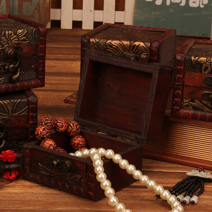 Buddha Stones Retro Small Square Wood Jewelry Box Lotus Grass Flower Grape Copper Coin Daffodil Jewelry Storage Box - image 24