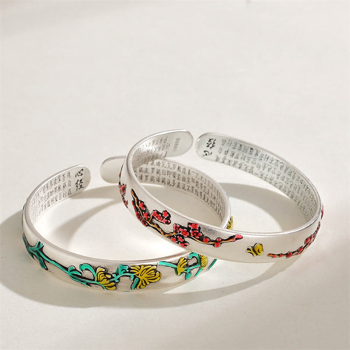 Buddha Stones Plum Blossom Chrysanthemum Flower Design Heart Sutra Healing Bracelet Cuff Bangle - image 4