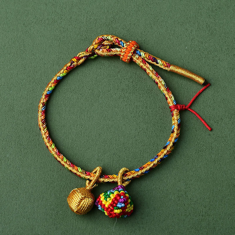 Buddha Stones Colorful Rope Luck Handmade Zongzi Golden Ball Charm Bracelet - Yellow Colorful Zongzi Golden Ball&Red String - Adult(Wrist Circumference 16-19cm) - image 5