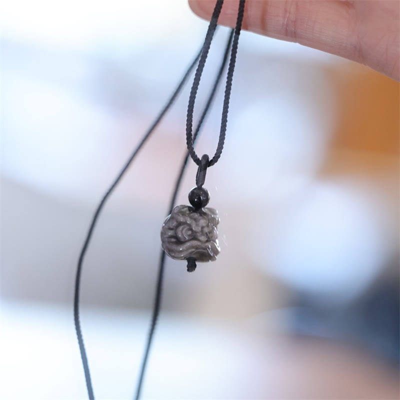 Buddha Stones Natural Silver Sheen Obsidian Dancing Lion Protection Necklace Pendant - image 8
