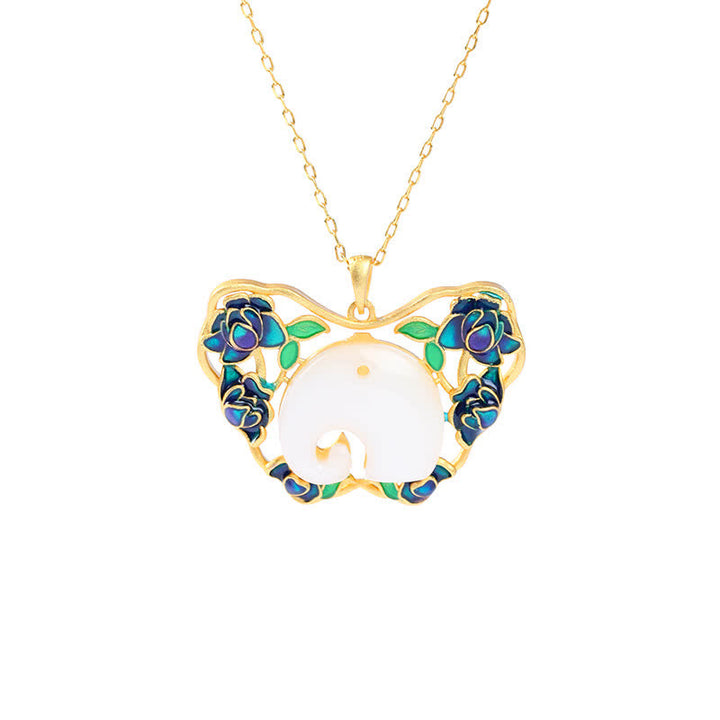 White Jade Elephant Butterfly Lotus Success Necklace Chain Pendant - image 5