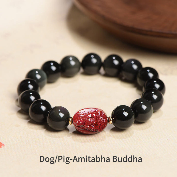 Buddha Stones Chinese Zodiac Natal Buddha Natural Black Obsidian Cinnabar Purification Bracelet - 12mm - Dog/Pig-Amitabha Buddha(Wrist Circumference 14-17cm) - image 21