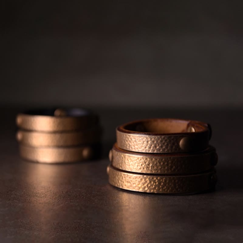 Buddha Stones Vintage Handmade Texture Copper Brass Leather Wealth Bracelet Bangle - image 11
