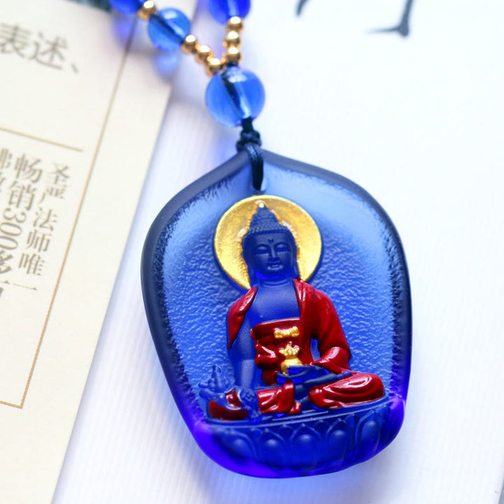 Buddha Stones Tibet Medicine Buddha Liuli Crystal Compassion Necklace Pendant - Blue Medicine Buddha - image 4