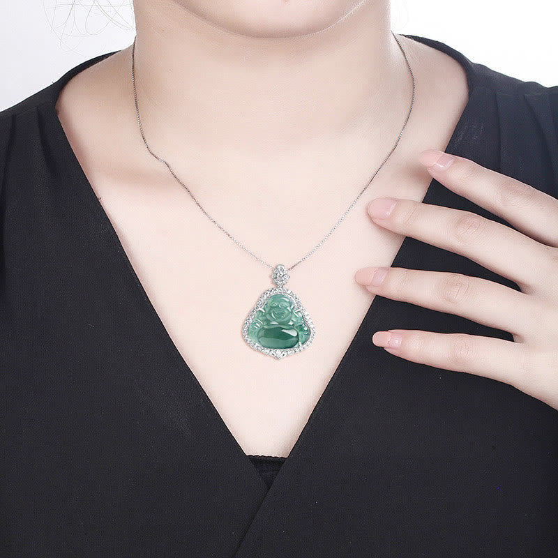 Buddha Stones Laughing Buddha Natural Jade Luck Abundance Titanium Steel Chain Necklace Pendant - image 7