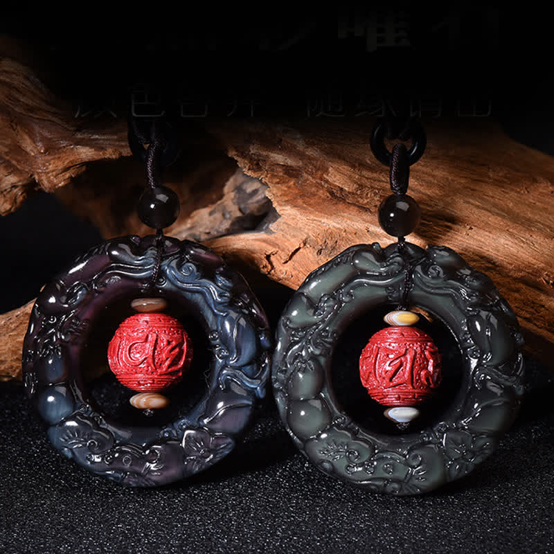Buddha Stones FengShui Natural Rainbow Obsidian PiXiu Cinnabar Healing Necklace Pendant - image 6