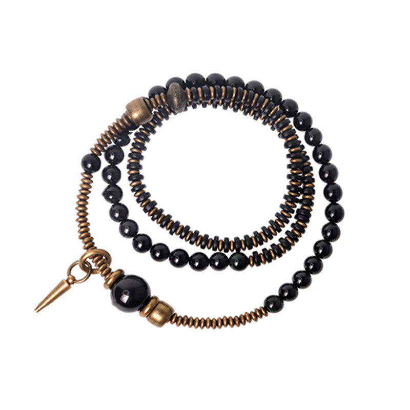 Buddha Stones Rainbow Obsidian Ebony Wood Copper Healing Triple Wrap Bracelet - image 9