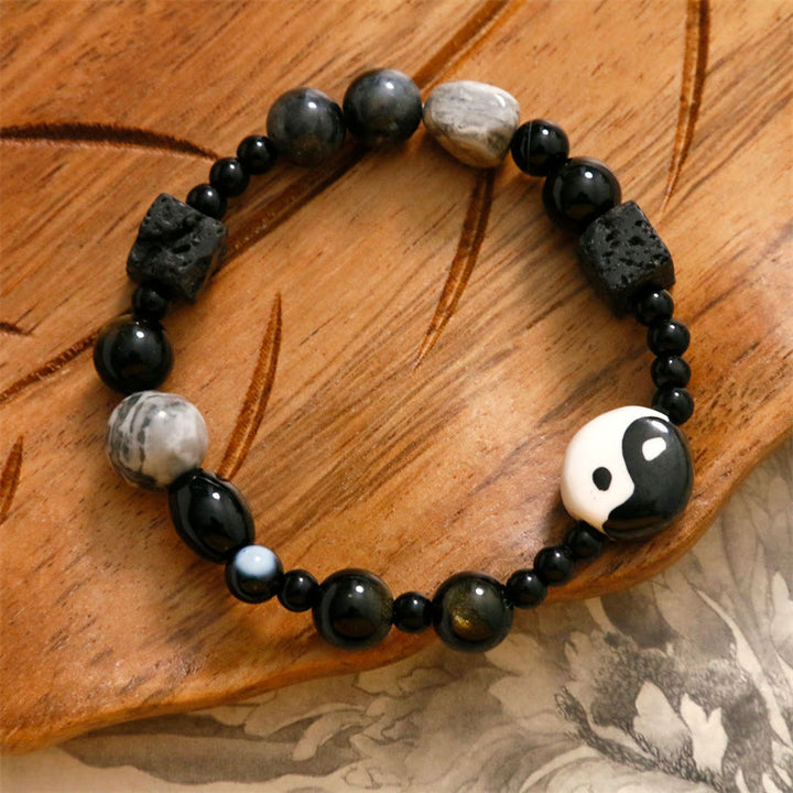 Buddha Stones Black Onyx Picasso Jasper Bead Yin Yang Fortune Protection Bracelet - image 2