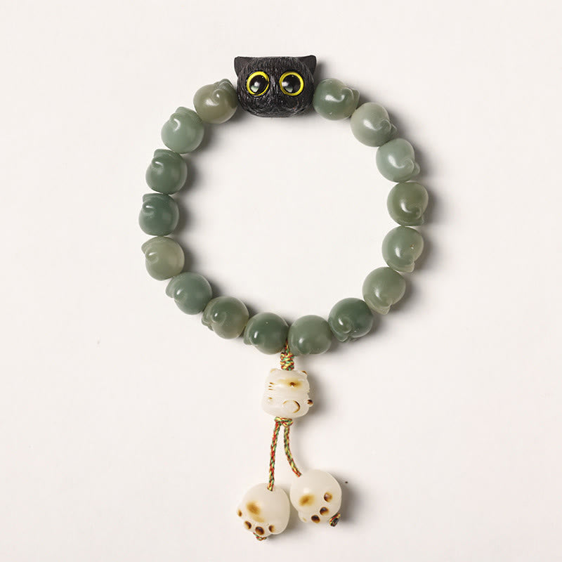 Buddha Stones Natural Bodhi Seed Lovely Paw Ebony Wood Lucky Cat Wisdom Bracelet - Green Bodhi Seed - Tassel Version(Wrist Circumference 14-15cm) - image 14