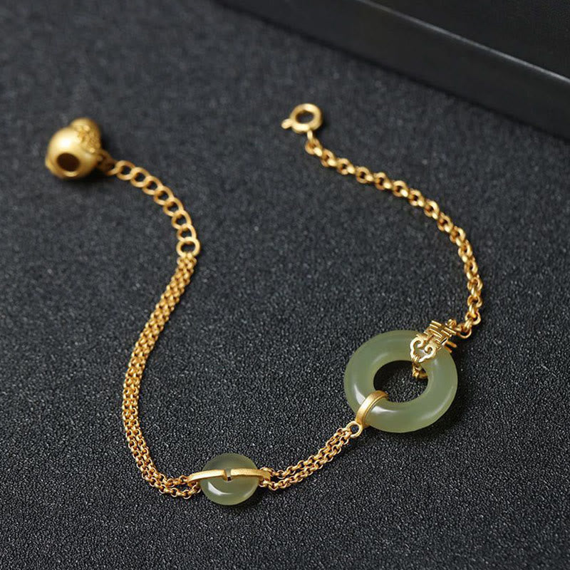 Buddha Stones Round Jade Peace Buckle Gourd Fu Character Auspicious Prosperity Chain Bracelet - image 1