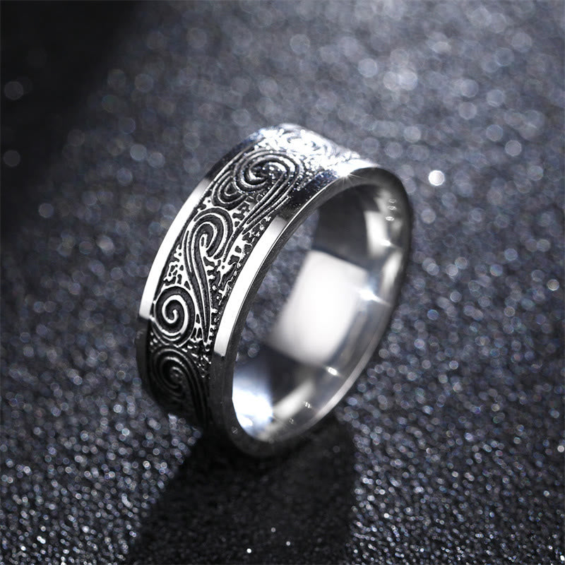 Buddha Stones Vintage Wave Auspicious Clouds Engraved Pattern Titanium Steel Balance Ring - US14 - image 0