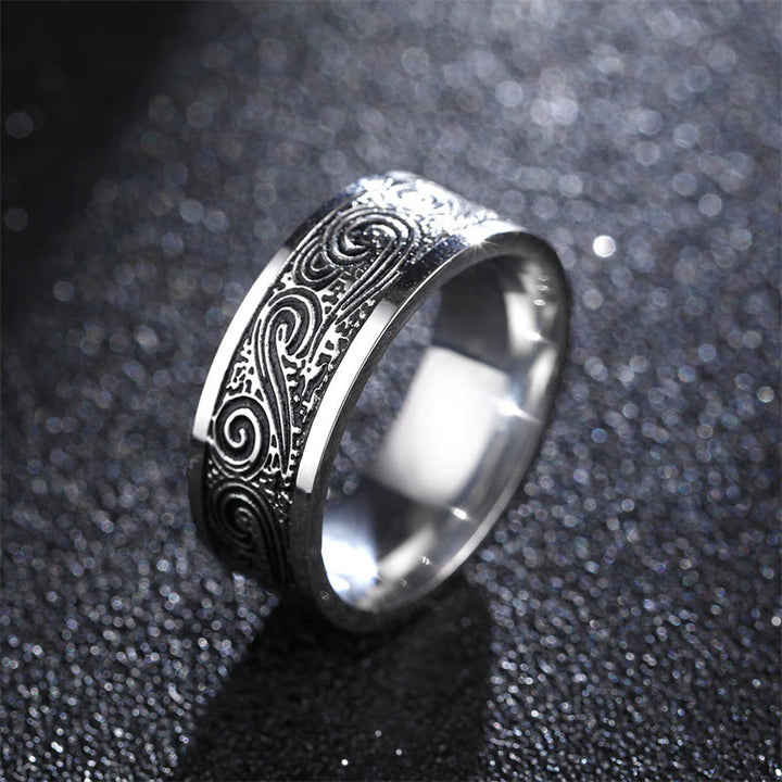 Buddha Stones Vintage Wave Auspicious Clouds Engraved Pattern Titanium Steel Balance Ring - US14 - image 0