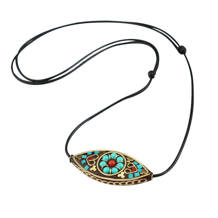 Buddha Stones Tibet Turquoise Bead Marquise Pattern Protection Strength Necklace Pendant - image 11