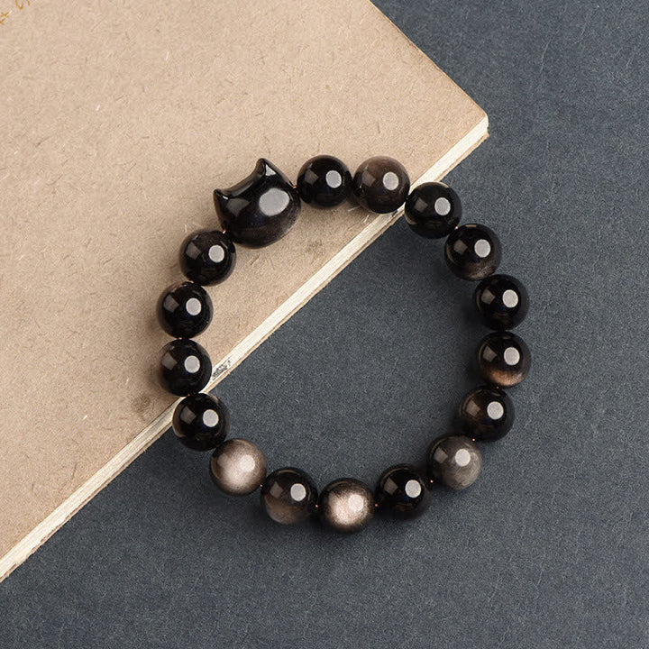 Buddha Stones Gold Sheen Obsidian Silver Sheen Obsidian Lovely Paw Lucky Cat Protection Bracelet - Silver Sheen Obsidian - Cat Head - 8mm - image 28