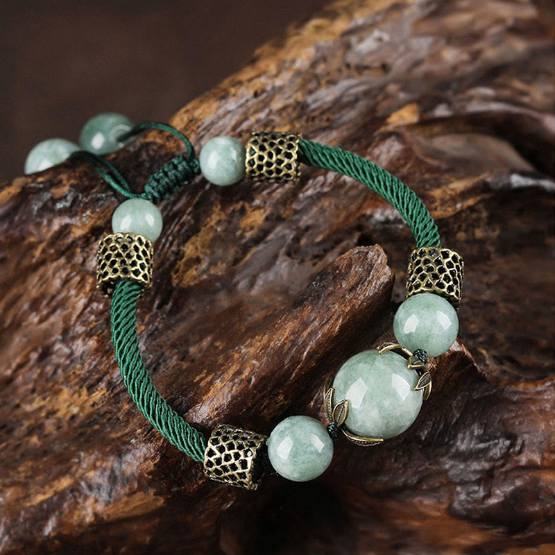 Buddha Stones Handmade Green Rope Luck Jade Bead Prosperity Bracelet - 14-19cm - image 0