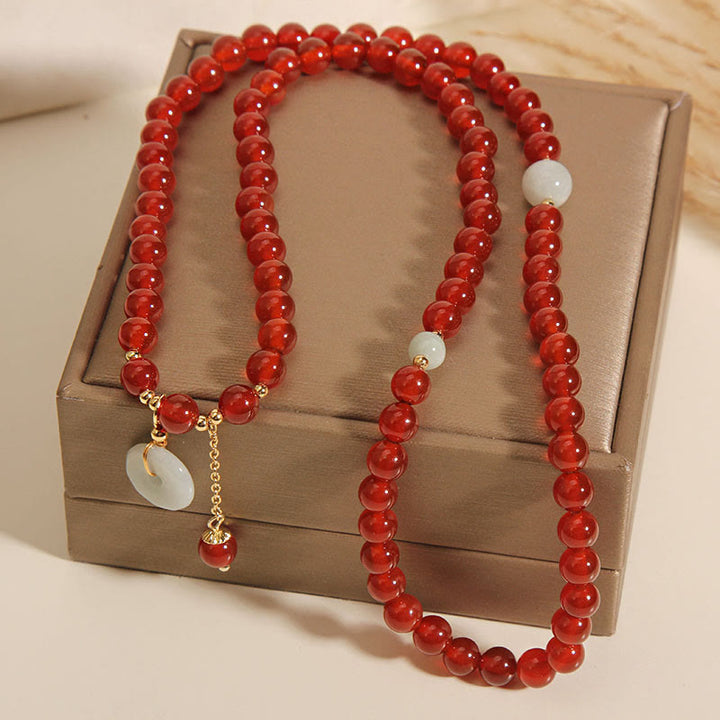 Buddha Stones Natural Red Agate Jade Peace Buckle Calm Triple Wrap Bracelet - image 5