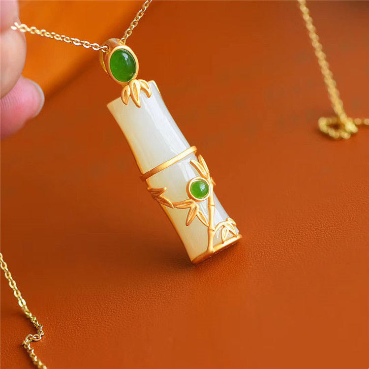 Buddha Stones White Jade Cyan Jade Bamboo Protection Necklace Pendant - image 6