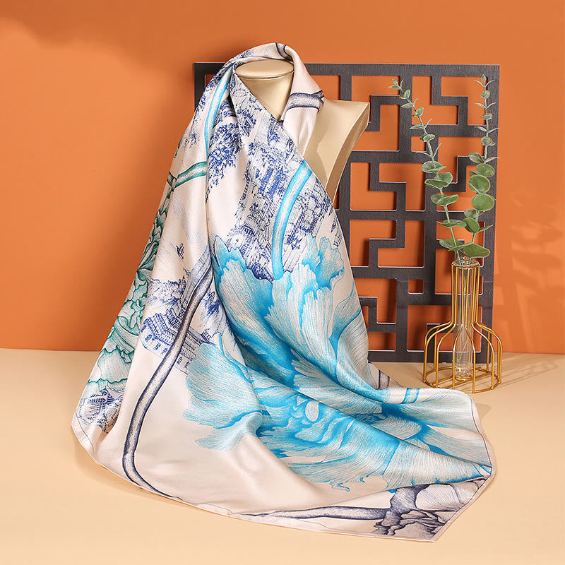 Buddha Stones Oil Painting City Snow Scene Castle Lotus 100% Mulberry Silk Neck Hair Scarf - Castle Blue Lotus - image 8