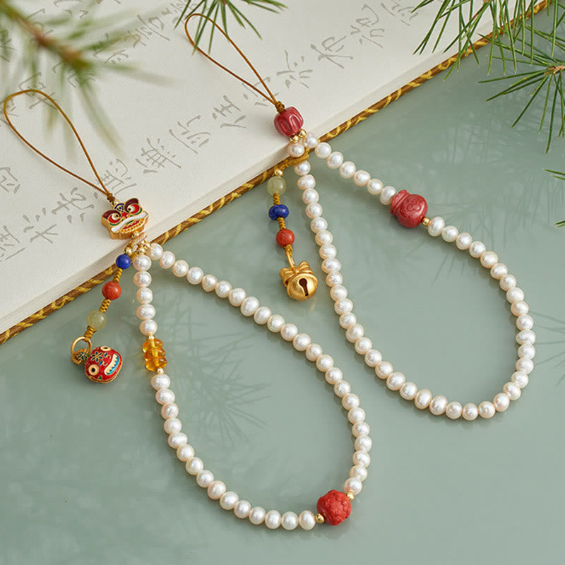 Buddha Stones Natural Pearl Cinnabar Money Bag Bell Gold Swallowing Beast Dancing Lion Healing Phone Hanging Decoration - image 1