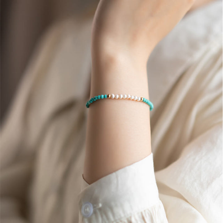 Buddha Stones 925 Sterling Silver Natural Turquoise Pearl Beaded Bracelet - image 15