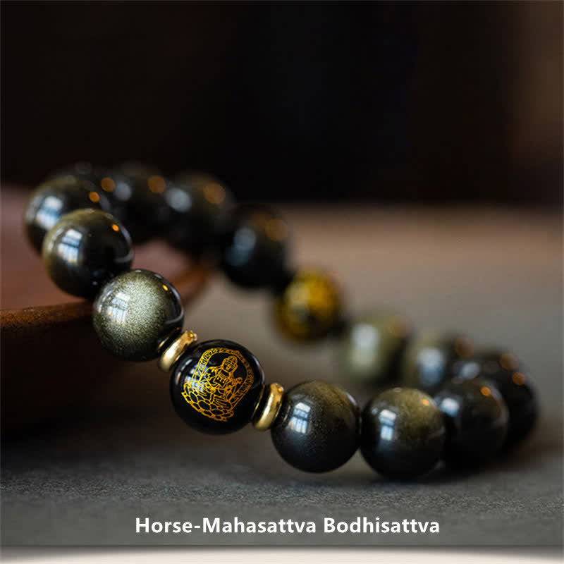 Buddha Stones Chinese Zodiac Natal Buddha Gold Sheen Obsidian Wealth Protection Bracelet - Horse-Mahasattva Bodhisattva - image 12