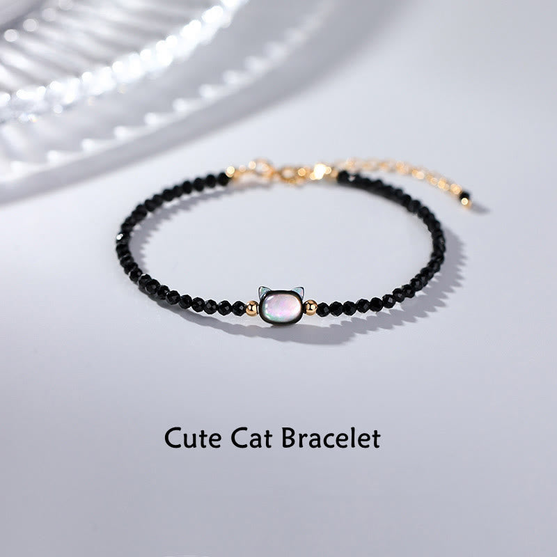 Buddha Stones 14K Gold Plated Black Spinel White Crystal Cute Cat Tridacna Stone Healing Bracelet - Black Spinel&Tridacna Stone - image 0