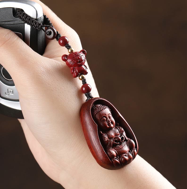 Buddha Stones Small Leaf Red Sandalwood Buddha Cinnabar Chinese Zodiac Amulet Protection Key Chain - image 12