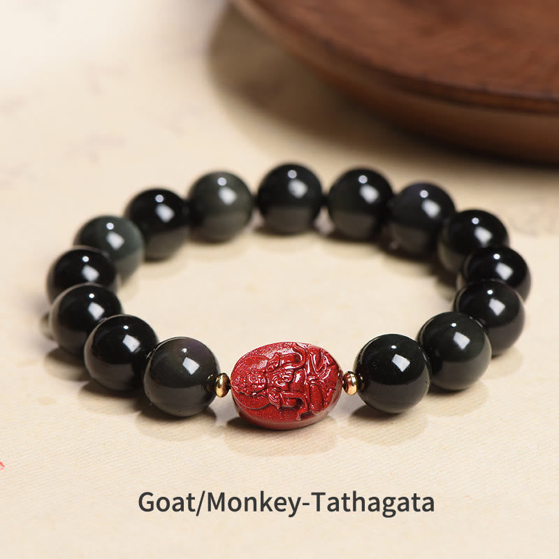 Buddha Stones Chinese Zodiac Natal Buddha Natural Black Obsidian Cinnabar Purification Bracelet - 12mm - Goat/Monkey-Tathagata(Wrist Circumference 14-17cm) - image 28